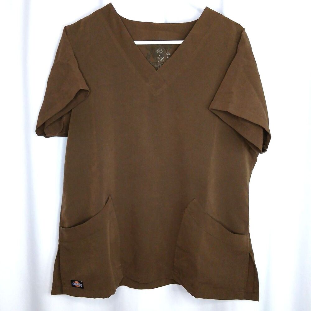 Dickies Short Sleeve Scrub Top V-Neck 2 Pocket Brown Scrubs Shirt Unisex Med